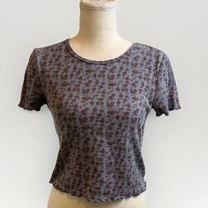 American Eagle Baby‎ Tee Womens M Blue Ditsy Floral Waffle Knit Cottagecore Y2K